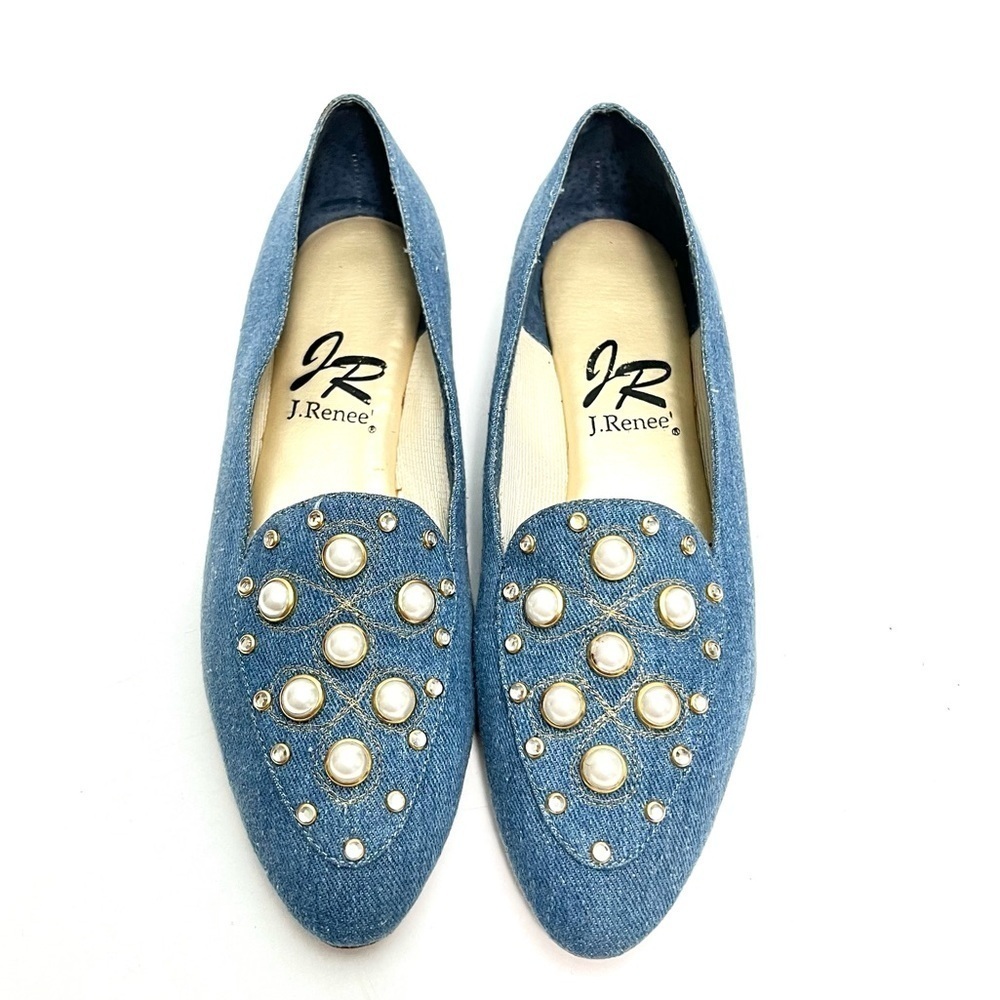 Vintage 1990s blue denim canvas embellished loafers